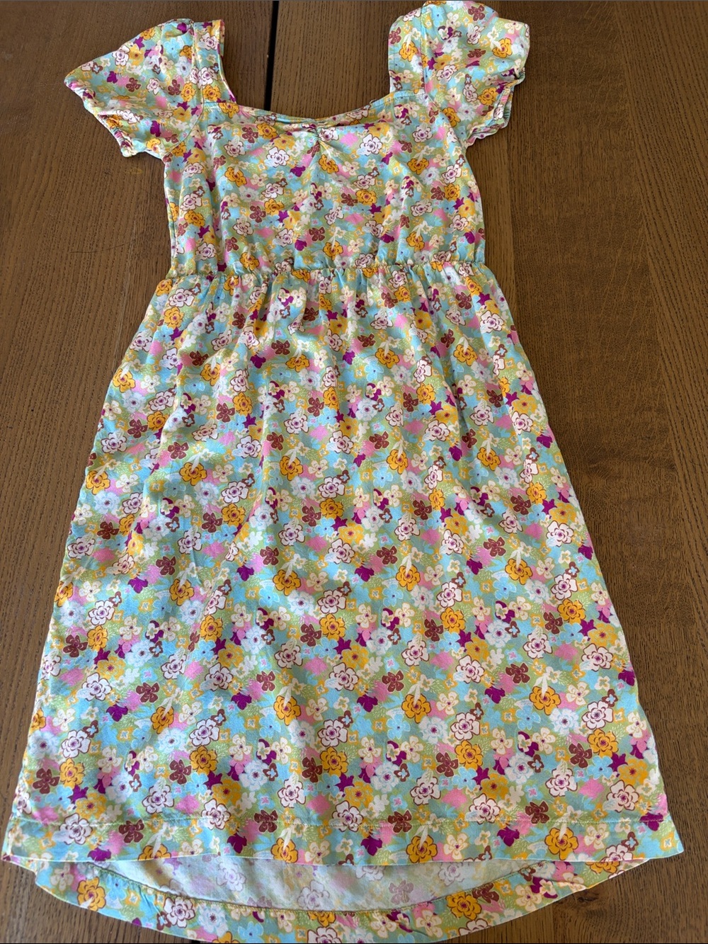 Roxy Girls Aqua Floral Puff-Sleeve Dress with Yellow and Pink Accents